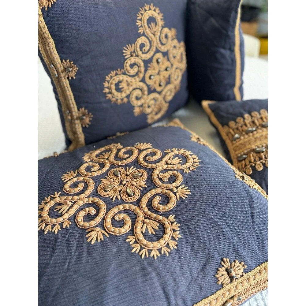 Ankasa Embroidered Navy and Gold Throw Pillows